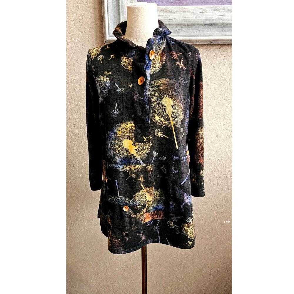 John Mark Women's Dandelion Patchwork Tunic Top  XS Black 3/4 Sleeve Oversized!‎
